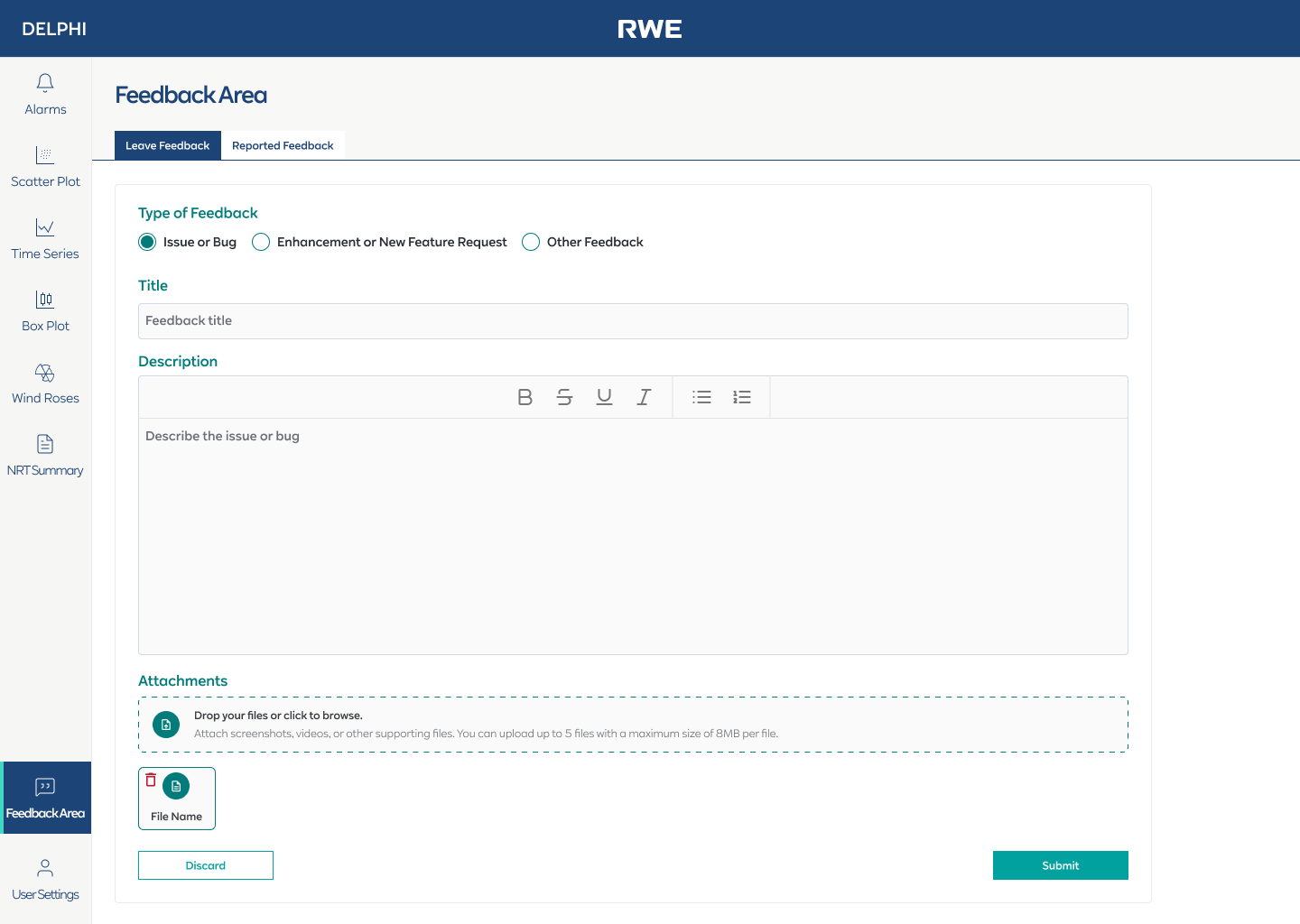 Leave Feedback tab — categorised form with rich text editor and file attachments